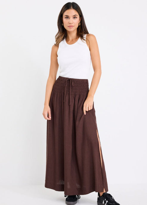 Byron Chocolate Linen Blend Shirred Waist Maxi Skirt | Abbey Road Kaikoura