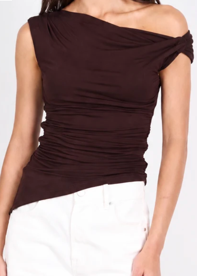 Campaign Chocolate Off The Shoulder Ruched Top | Abbey Road Kaikoura
