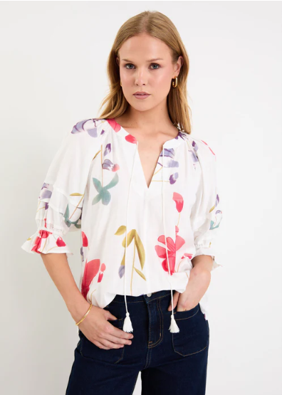Cassia Cream Poppy Floral V Neck Short Pin Tuck Sleeve Mandarin Collar Top | Abbey Road Kaikoura