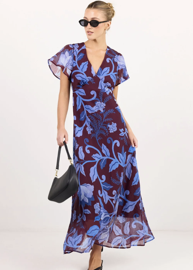 Chariot Burgundy Blue Floral Flutter Sleeve Maxi Dress | Abbey Road Kaikoura