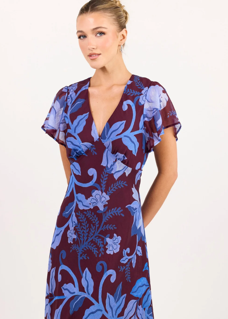 Chariot Burgundy Blue Floral Flutter Sleeve Maxi Dress | Abbey Road Kaikoura