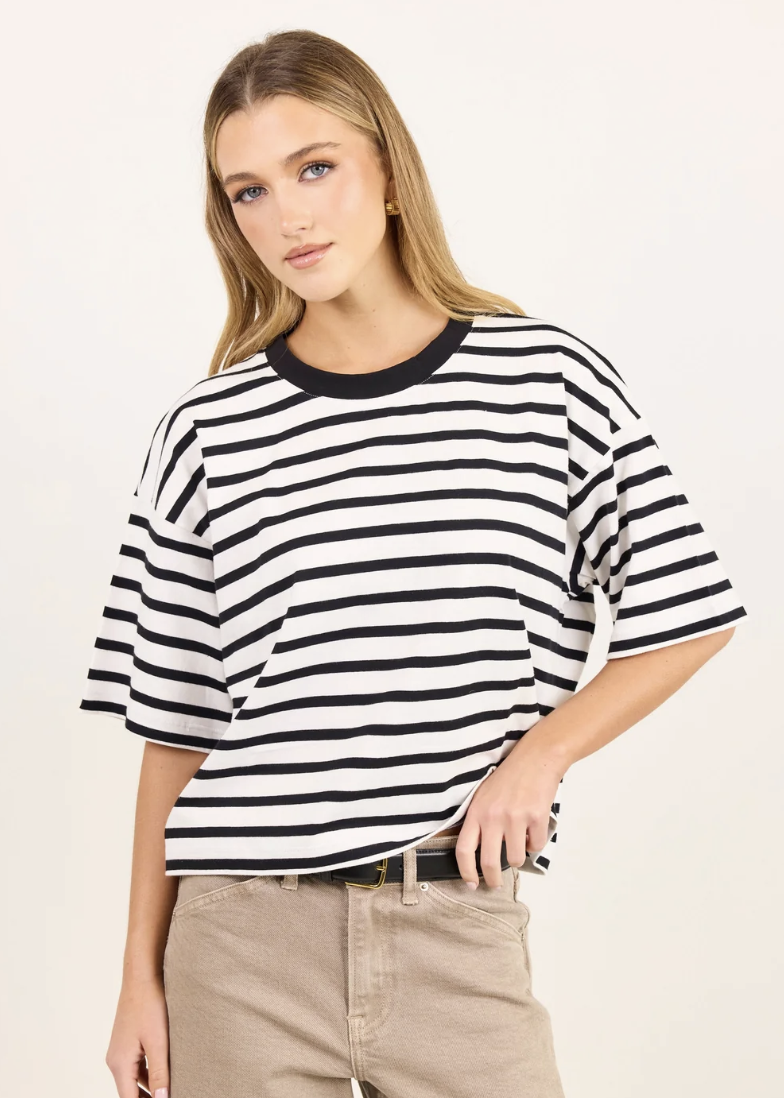 Cohesion Black White Stripe Oversized Contrast Binding Boxy SS Tee | Abbey Road Kaikoura