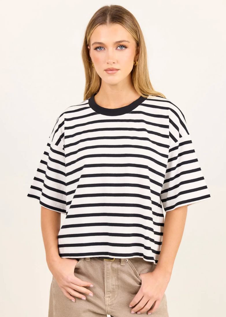 Cohesion Black White Stripe Oversized Contrast Binding Boxy SS Tee | Abbey Road Kaikoura
