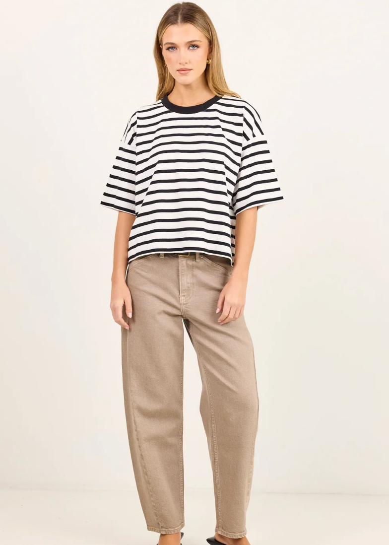 Cohesion Black White Stripe Oversized Contrast Binding Boxy SS Tee | Abbey Road Kaikoura