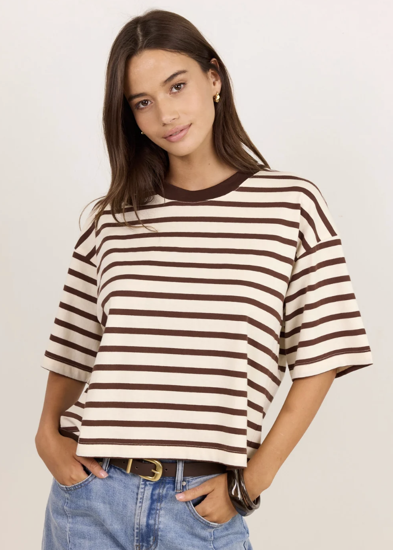 Cohesion Chocolate Vanilla Stripe Oversized Contrast Binding Boxy SS Tee | Abbey Road Kaikoura