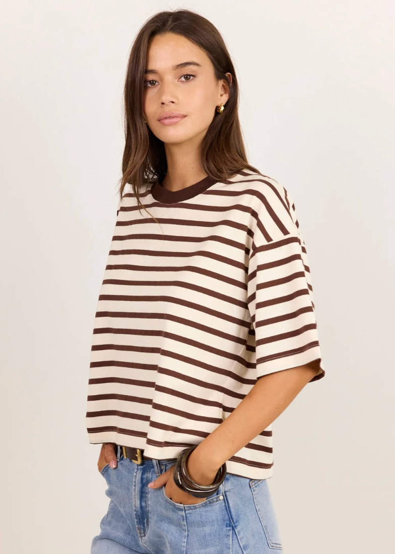 Cohesion Chocolate Vanilla Stripe Oversized Contrast Binding Boxy SS Tee | Abbey Road Kaikoura