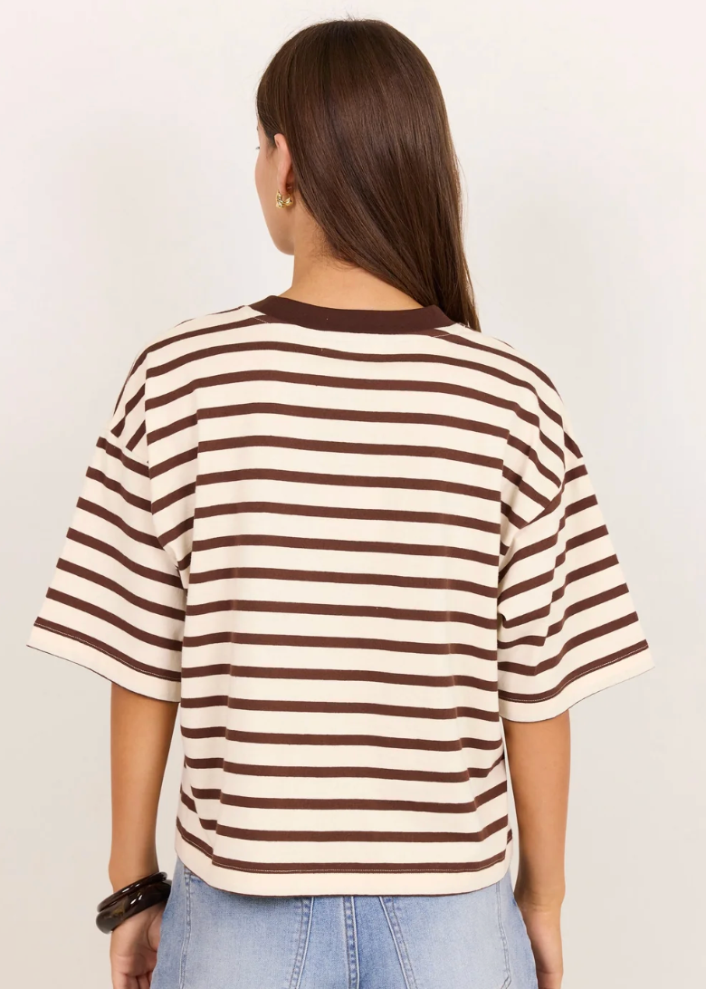 Cohesion Chocolate Vanilla Stripe Oversized Contrast Binding Boxy SS Tee | Abbey Road Kaikoura