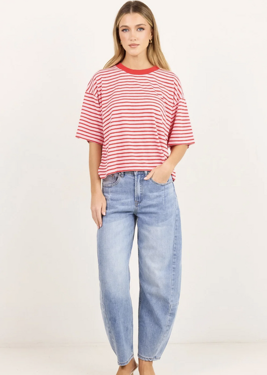 Cohesion Pink Red Stripe Oversized Binding Tee  | Abbey Road Kaikoura