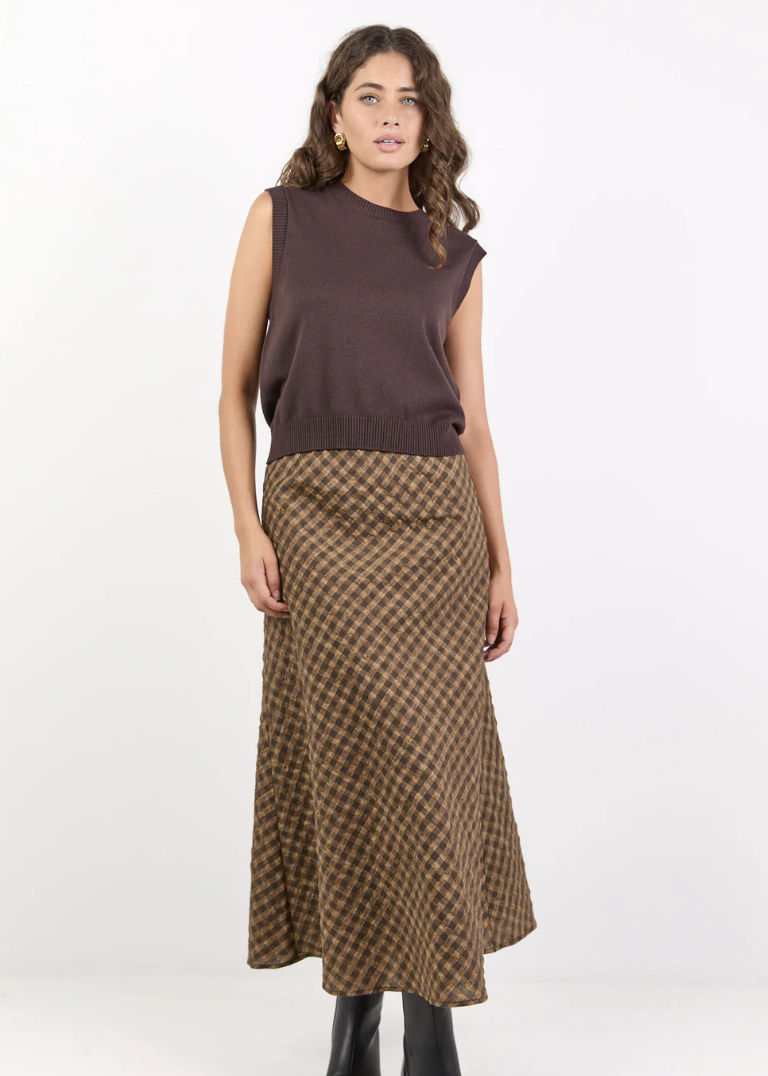 Companion Chocolate Caramel Check Cotton Blend Bias Maxi Skirt | Abbey Road Kaikoura