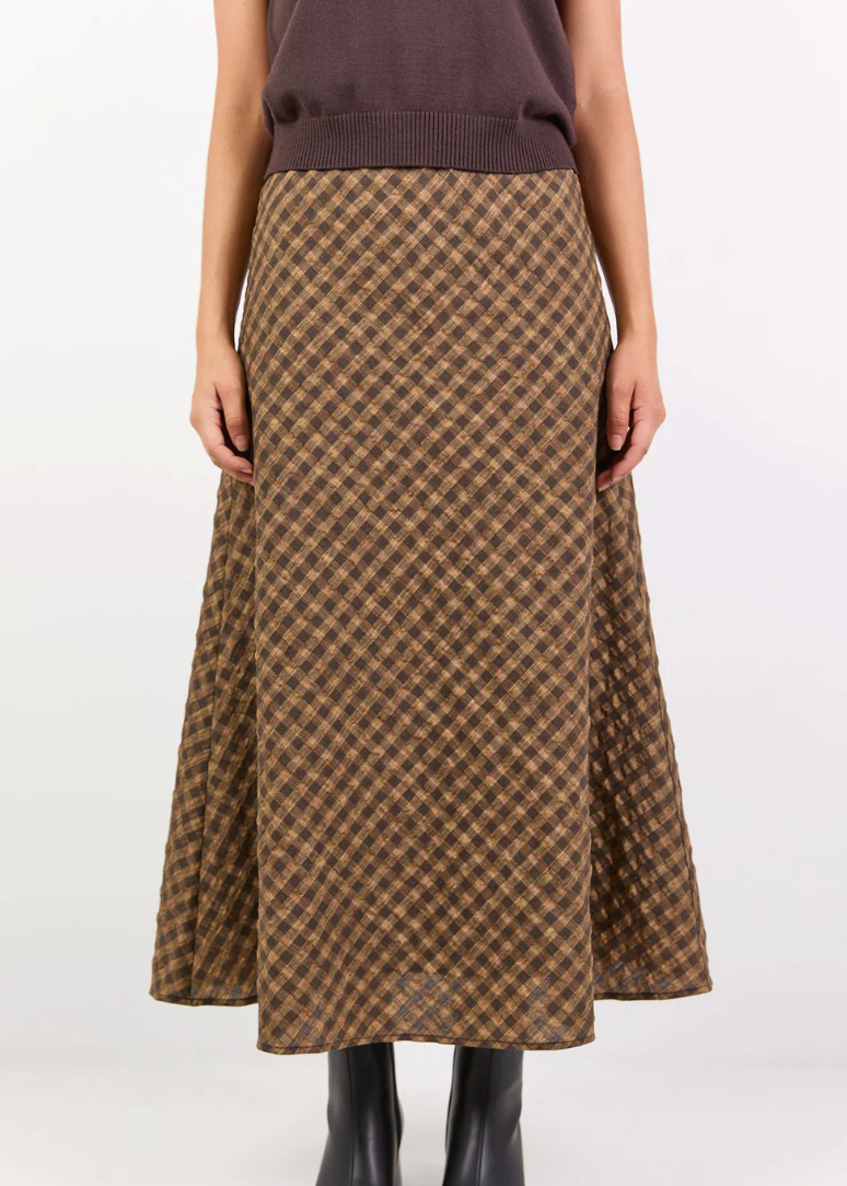 Companion Chocolate Caramel Check Cotton Blend Bias Maxi Skirt | Abbey Road Kaikoura