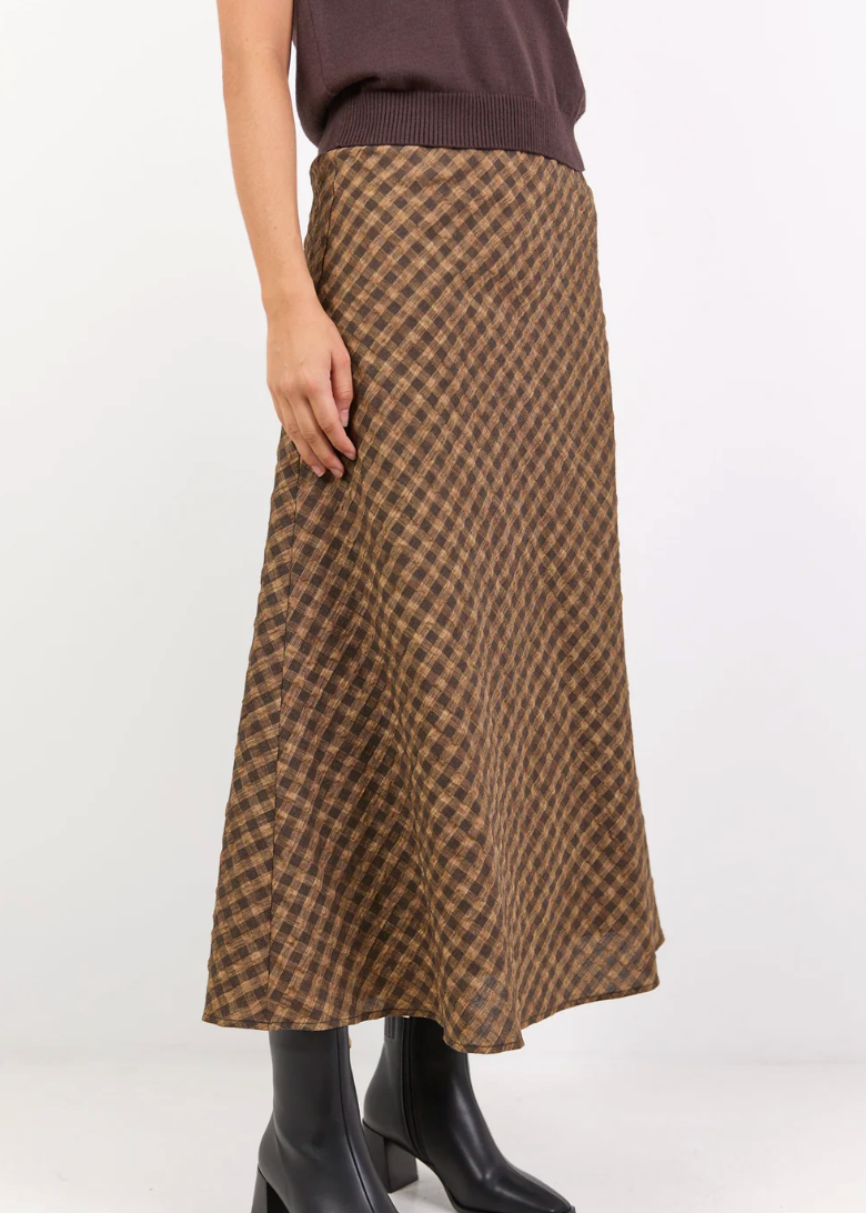 Companion Chocolate Caramel Check Cotton Blend Bias Maxi Skirt | Abbey Road Kaikoura