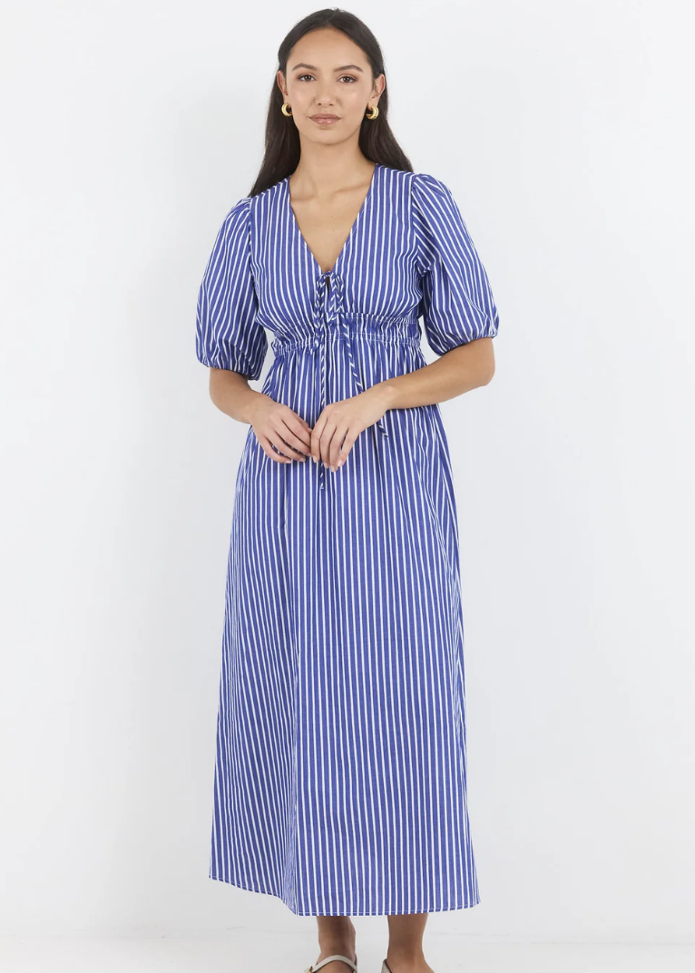 Confide Blue Stripe Deep V Maxi Dress | Abbey Road Kaikoura