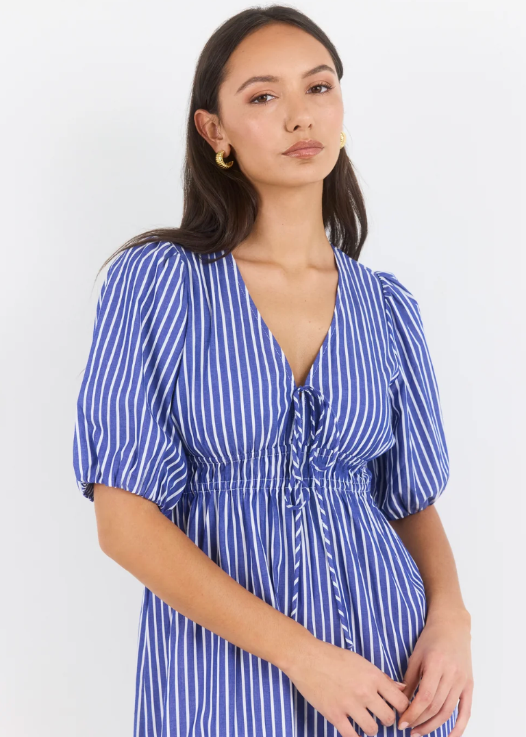 Confide Blue Stripe Deep V Maxi Dress | Abbey Road Kaikoura