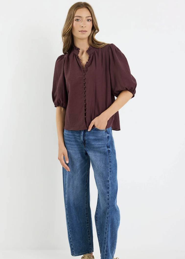 Continuance Chocolate Semi Sheer High Neck Buttoned Top | Abbey Road Kaikoura