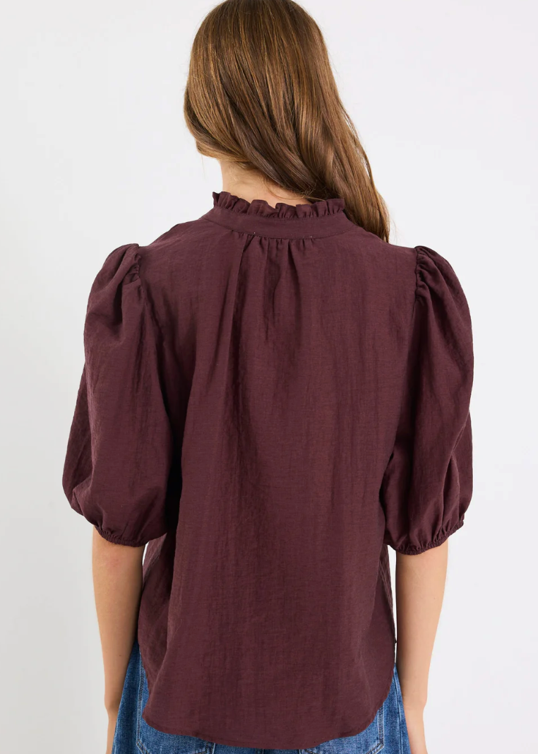 Continuance Chocolate Semi Sheer High Neck Buttoned Top | Abbey Road Kaikoura