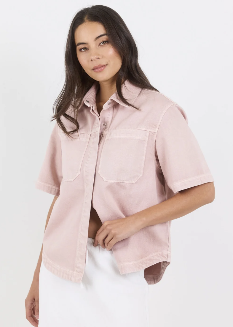 Crucial Pale Pink Denim Short Sleeve Shacket | Abbey Road Kaikoura