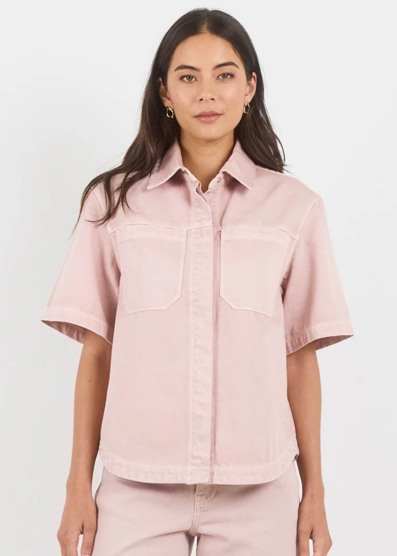 Crucial Pale Pink Denim Short Sleeve Shacket | Abbey Road Kaikoura