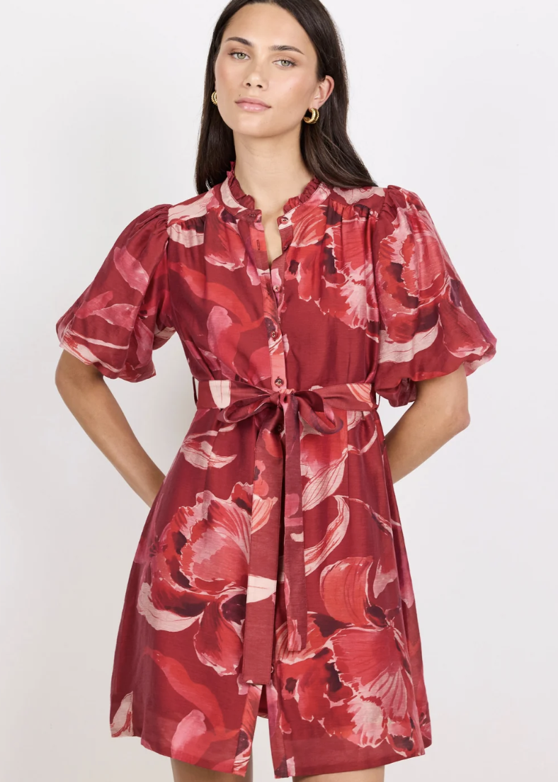 Delphi Large Red Peony Belted Mini Dress | Abbey Road Kaikoura