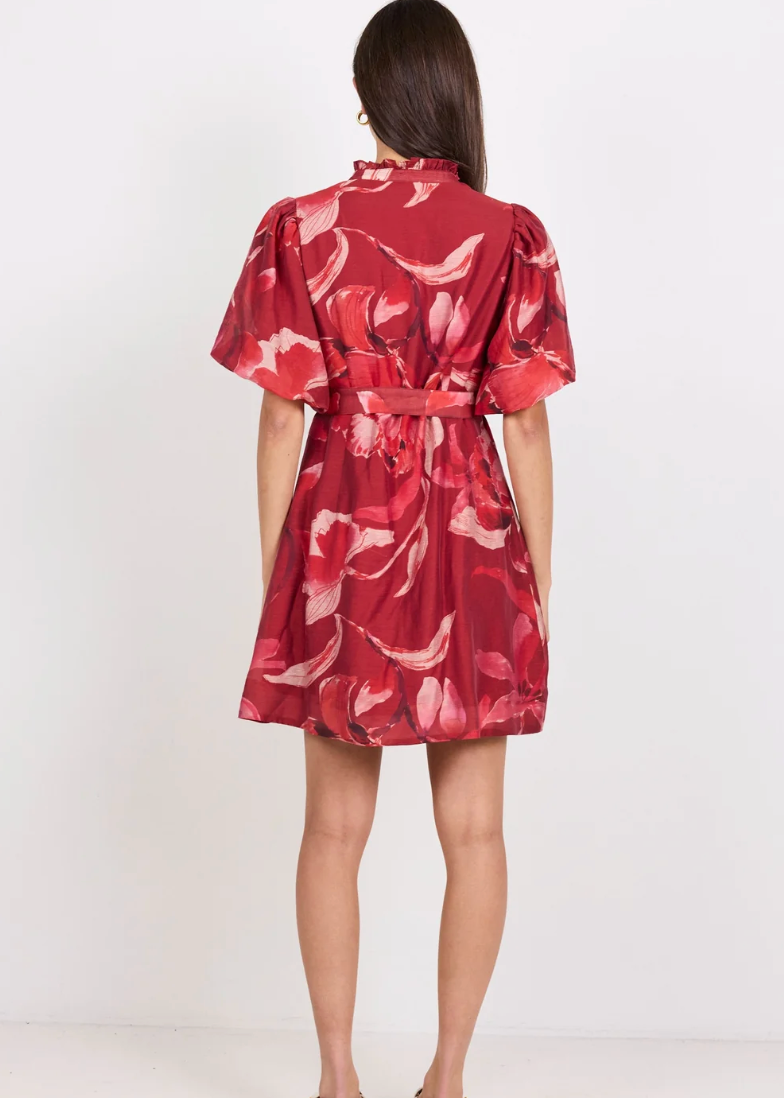 Delphi Large Red Peony Belted Mini Dress | Abbey Road Kaikoura