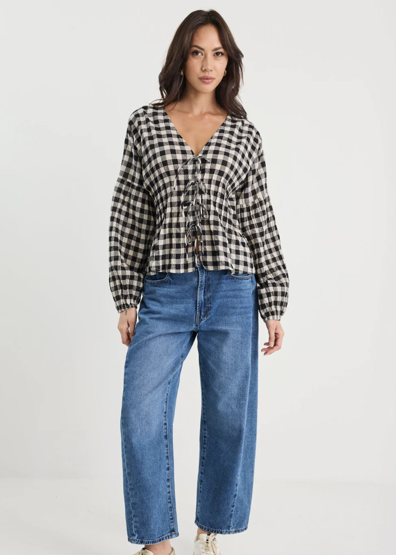 Discovery Black Gingham LS Tie Front Top | Abbey Road Kaikoura