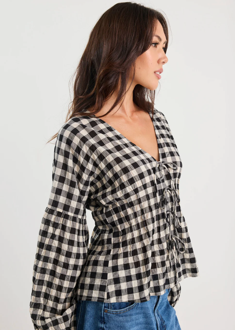 Discovery Black Gingham LS Tie Front Top | Abbey Road Kaikoura