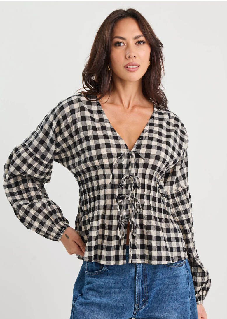 Discovery Black Gingham LS Tie Front Top | Abbey Road Kaikoura