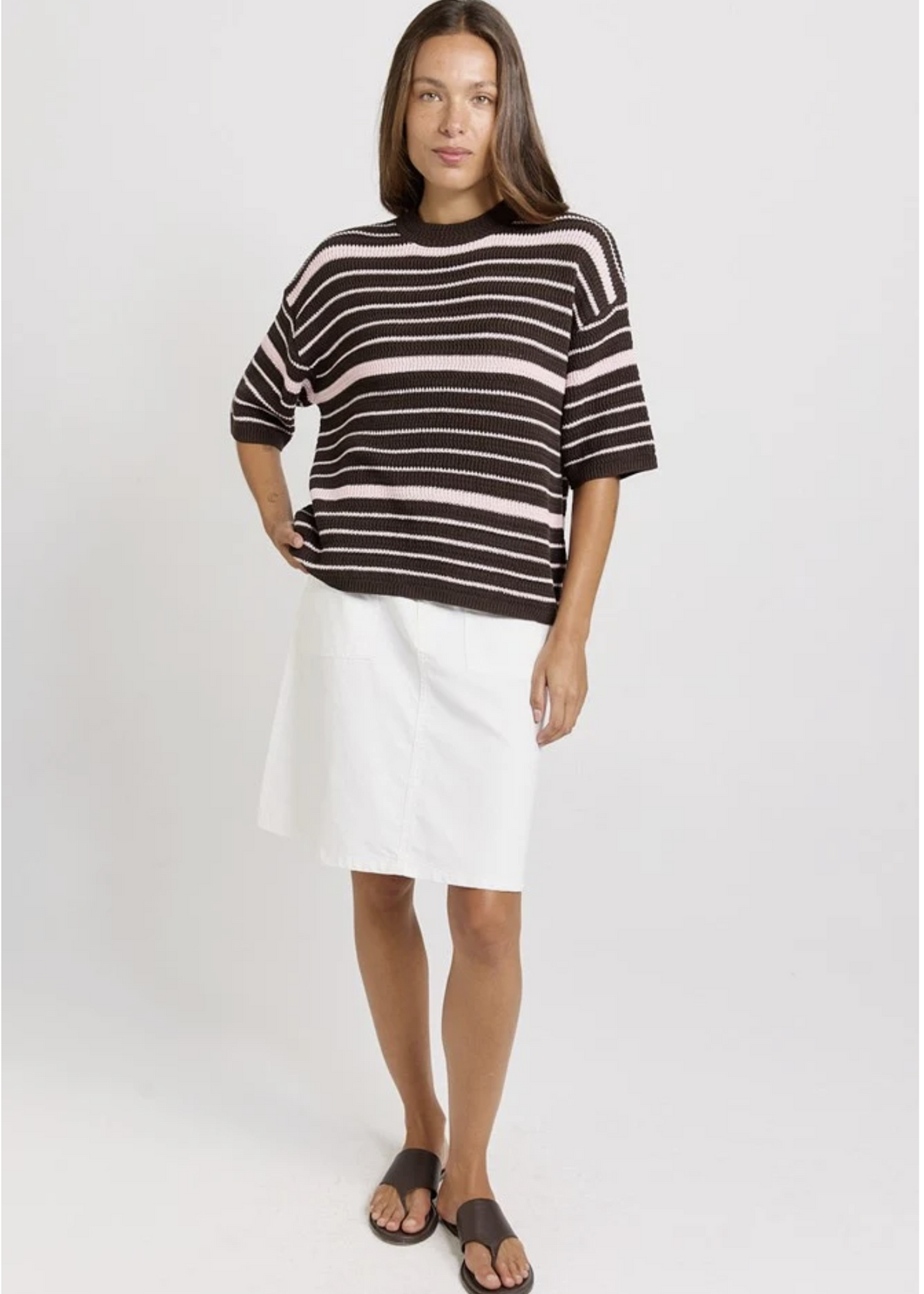 Dylan Knit Tee - Chocolate Pink Stripe   | Abbey Road Kaikoura