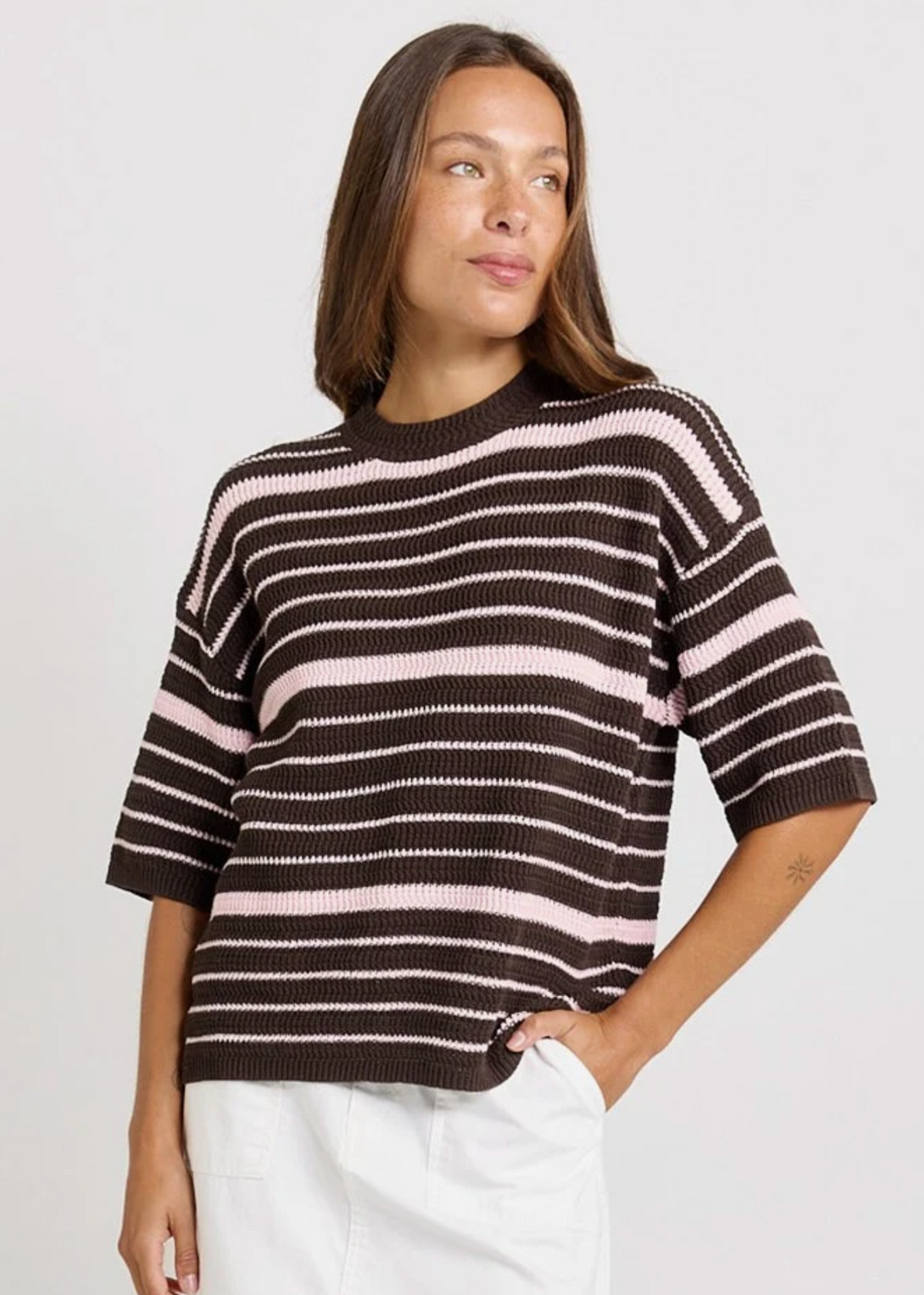 Dylan Knit Tee - Chocolate Pink Stripe   | Abbey Road Kaikoura