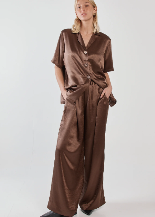 Eddy Crushed Satin Pant - Chocolate Brown | Abbey Road Kaikoura