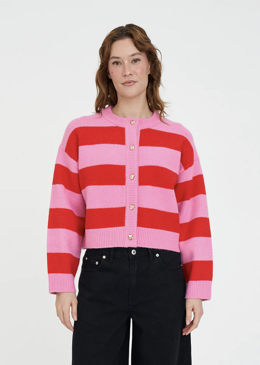 Elle Crop Stripe Cardigan Pink/Red | Abbey Road Kaikoura