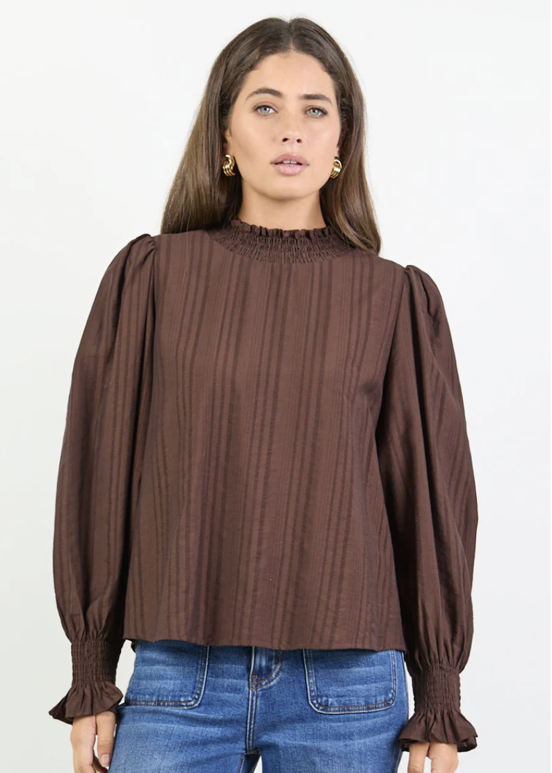 Embrace Chocolate Self Stripe Shirred Neck LS Top | Abbey Road Kaikoura