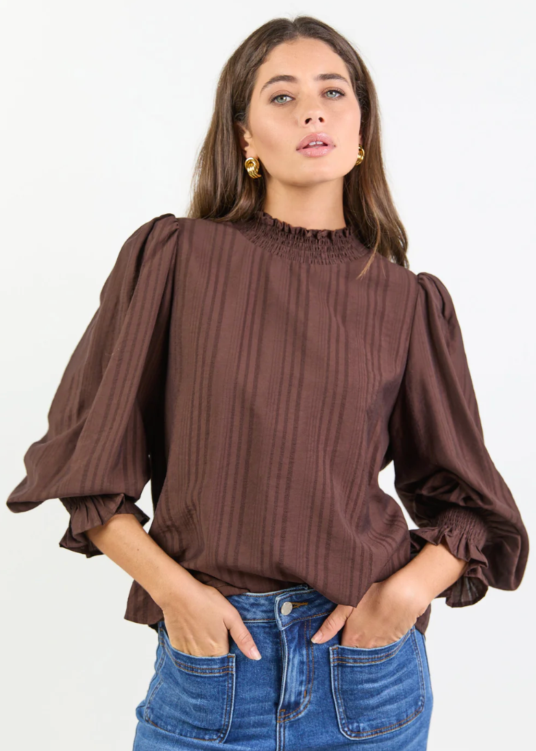 Embrace Chocolate Self Stripe Shirred Neck LS Top | Abbey Road Kaikoura