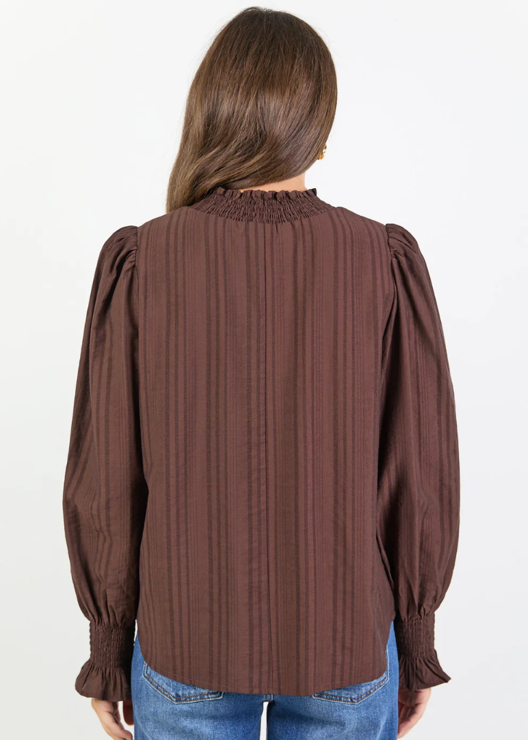 Embrace Chocolate Self Stripe Shirred Neck LS Top | Abbey Road Kaikoura