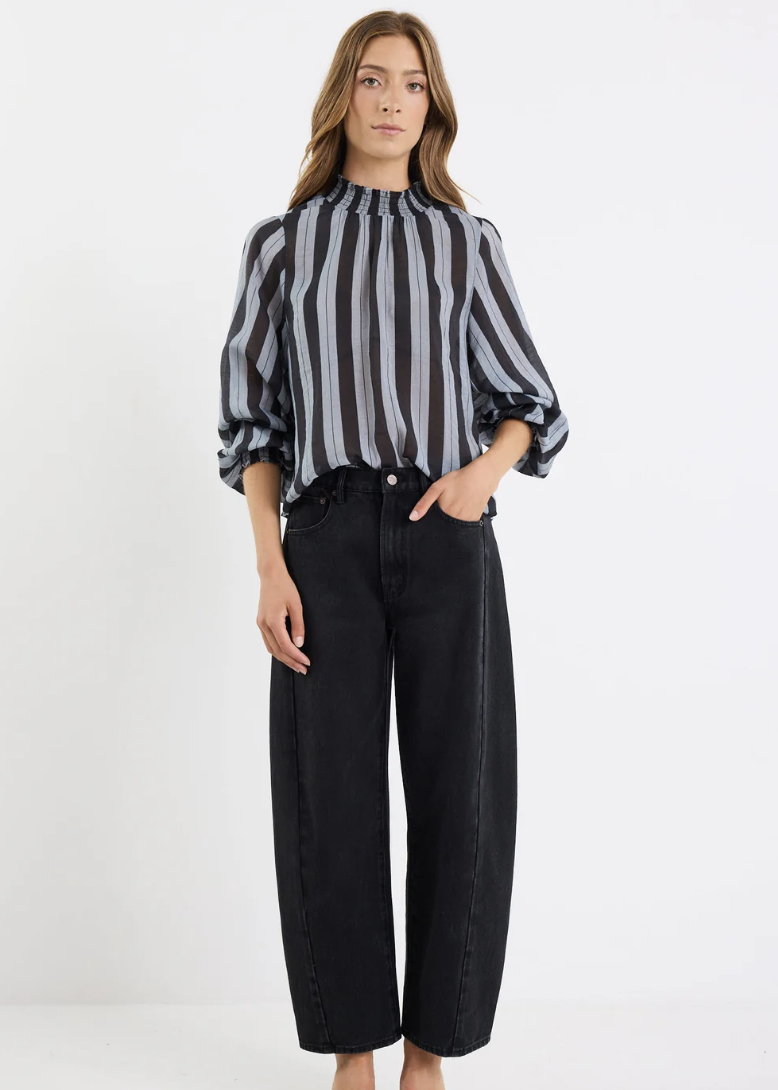 Embrace Grey Stripe Shirred Neck Top | Abbey Road Kaikoura