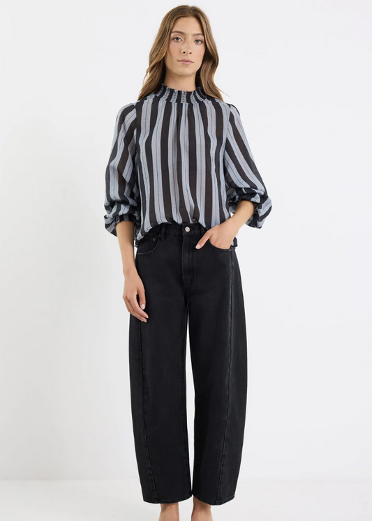 Embrace Grey Stripe Shirred Neck Top | Abbey Road Kaikoura
