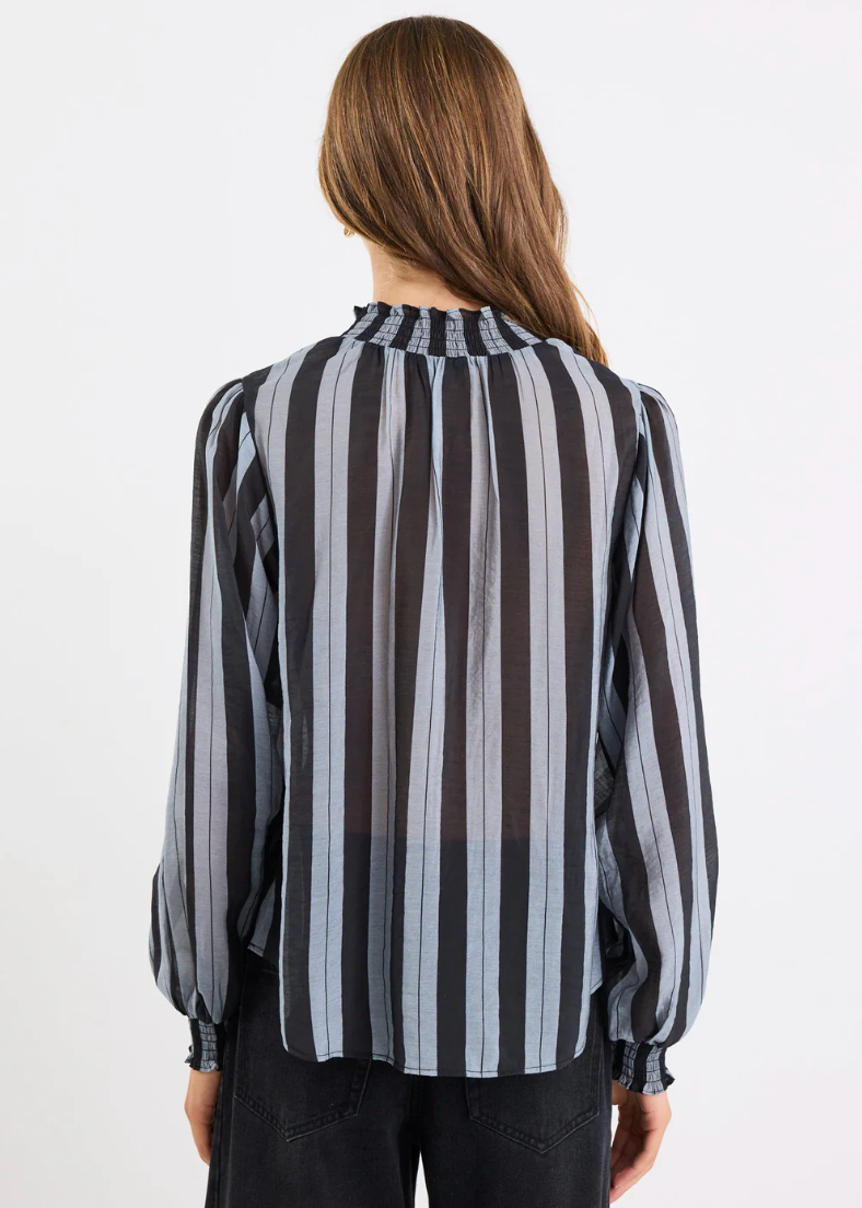 Embrace Grey Stripe Shirred Neck Top | Abbey Road Kaikoura