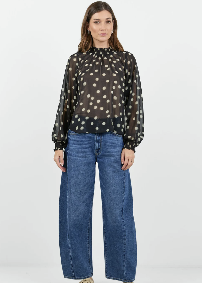 Emphatic Black Polka Dot Georgette High Neck LS Top | Abbey Road Kaikoura