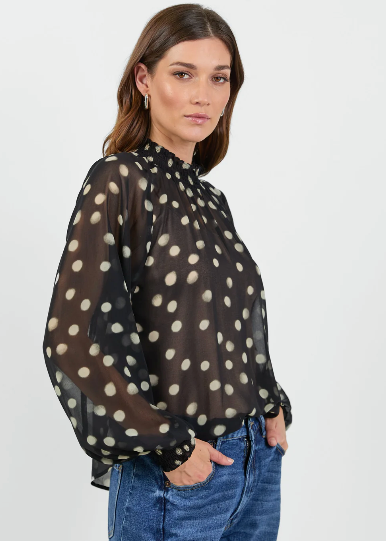Emphatic Black Polka Dot Georgette High Neck LS Top | Abbey Road Kaikoura
