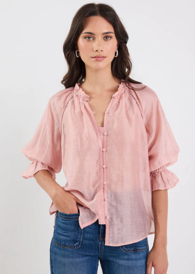 Encounter Blush Textured SS Gathered Button Front Top | Abbey Road Kaikoura