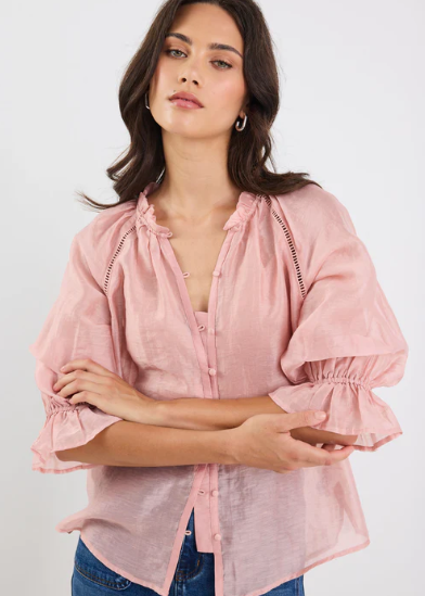 Encounter Blush Textured SS Gathered Button Front Top | Abbey Road Kaikoura