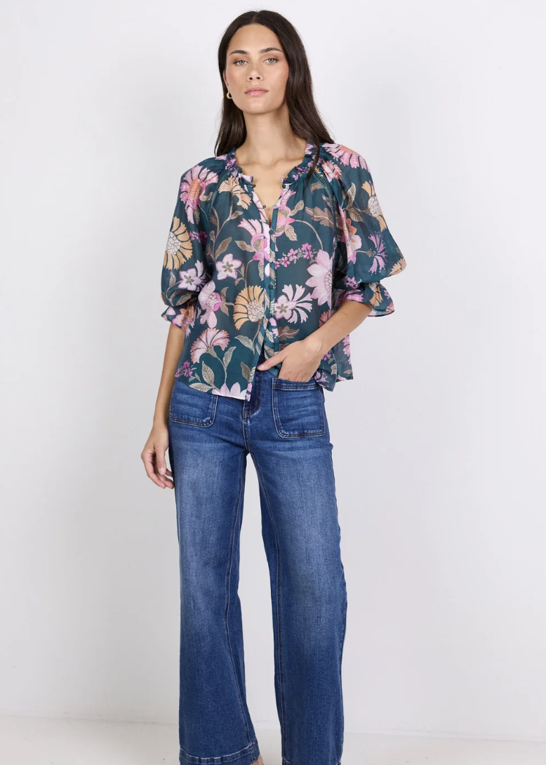 Encounter Petrol Scarf Print SS Gathered Button Front Top | Abbey Road Kaikoura