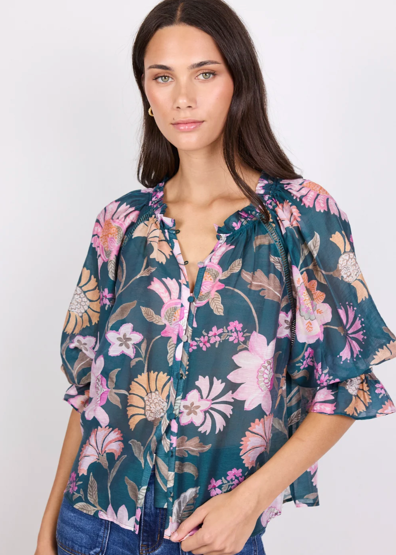 Encounter Petrol Scarf Print SS Gathered Button Front Top | Abbey Road Kaikoura