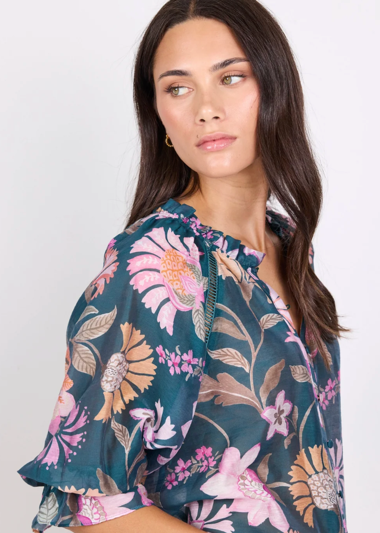 Encounter Petrol Scarf Print SS Gathered Button Front Top | Abbey Road Kaikoura