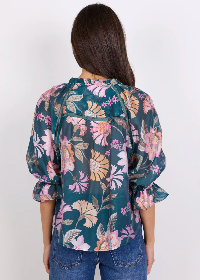Encounter Petrol Scarf Print SS Gathered Button Front Top | Abbey Road Kaikoura