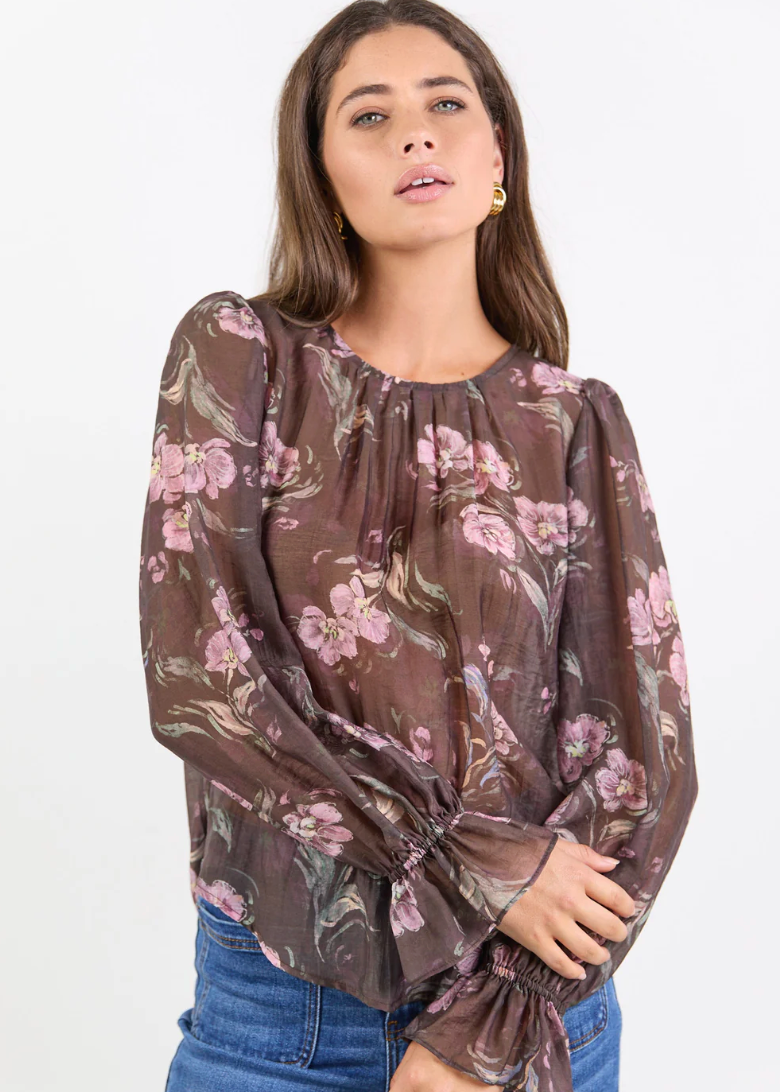 Endless Chocolate Floral Blouson LS Top | Abbey Road Kaikoura