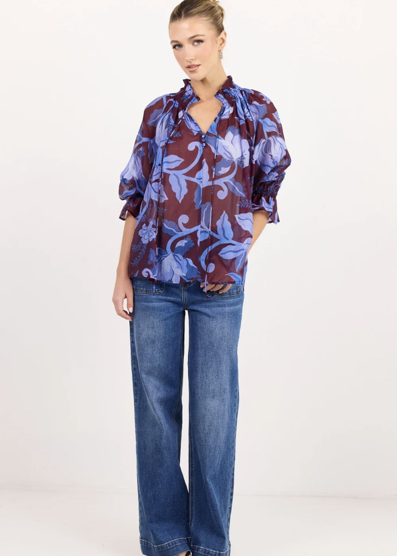 Expedition Burgundy Blue Floral Shirred Neck Top  | Abbey Road Kaikoura