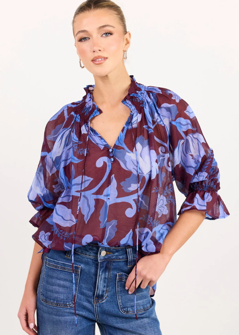 Expedition Burgundy Blue Floral Shirred Neck Top  | Abbey Road Kaikoura