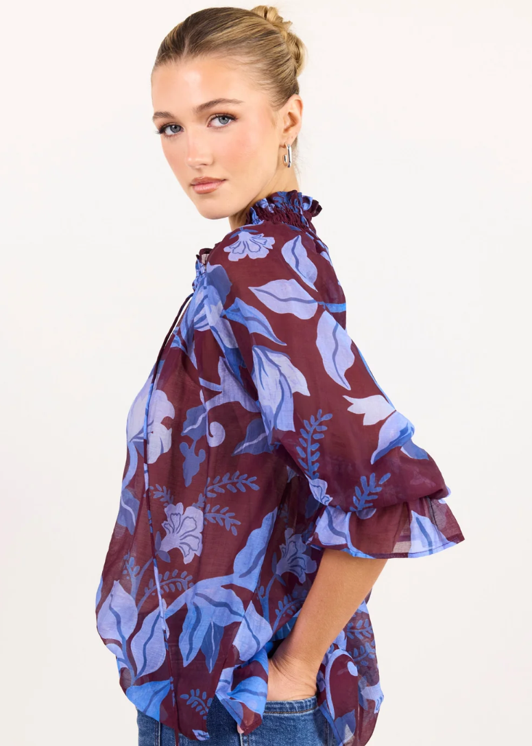 Expedition Burgundy Blue Floral Shirred Neck Top  | Abbey Road Kaikoura