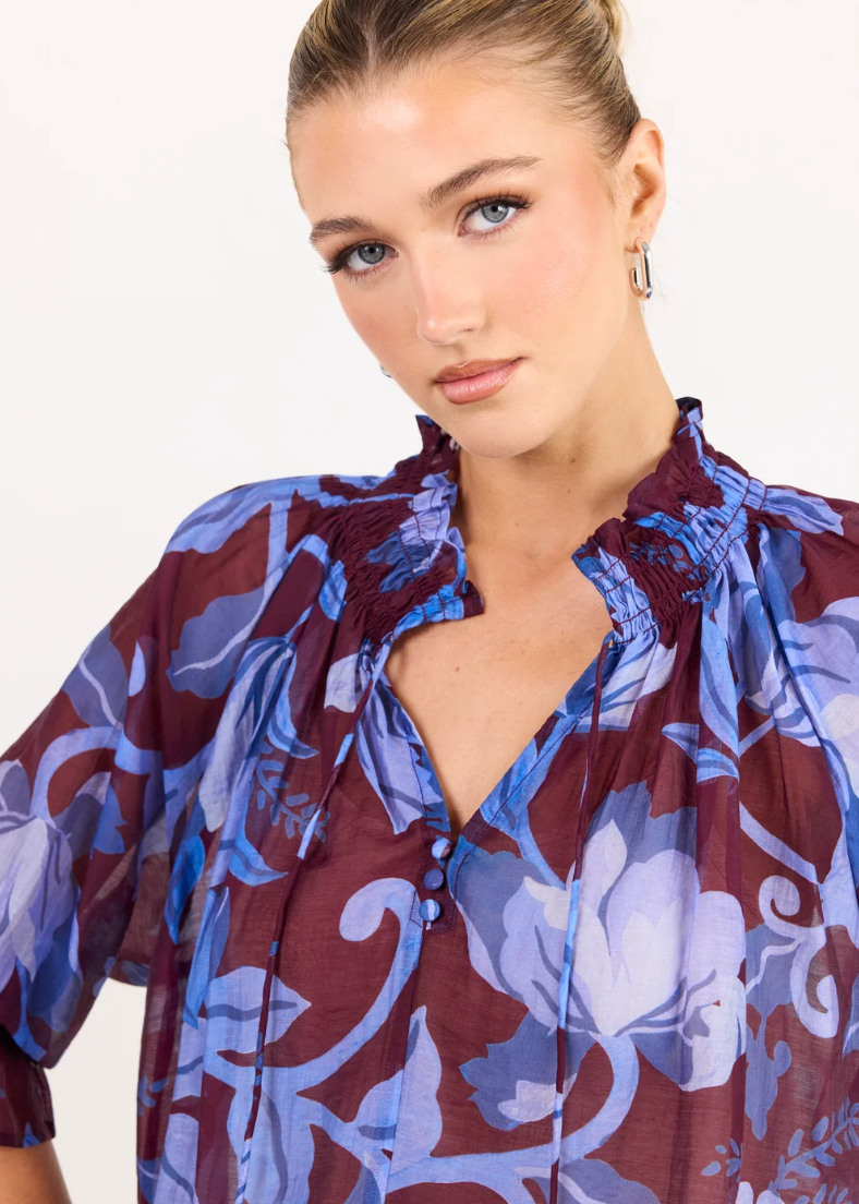 Expedition Burgundy Blue Floral Shirred Neck Top  | Abbey Road Kaikoura