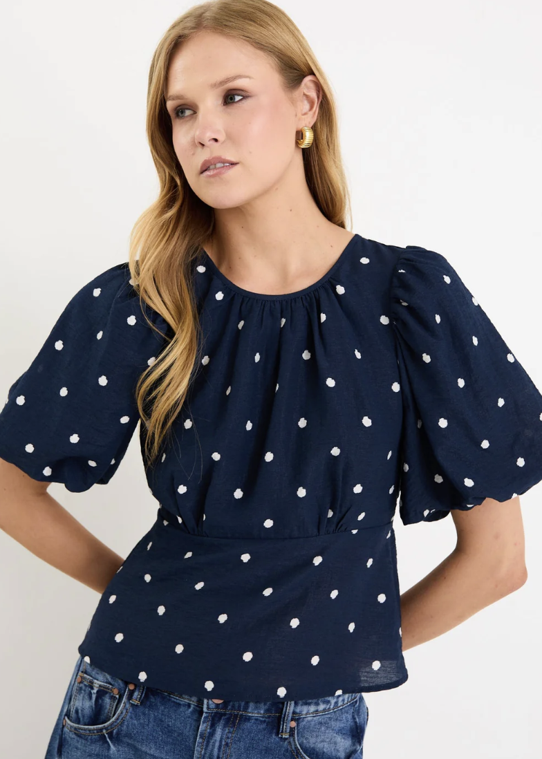 Finali Navy Polka Dot Bubble Sleeve Top | Abbey Road Kaikoura